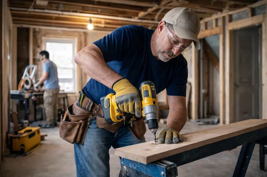 Snickare som arbetar med renovering av bostad – fokuserat arbete med skruvdragare i ett halvfärdigt rum under ombyggnation.