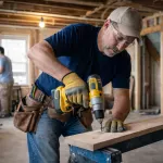 Snickare som arbetar med renovering av bostad – fokuserat arbete med skruvdragare i ett halvfärdigt rum under ombyggnation.